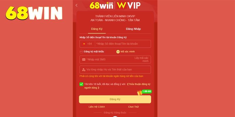 3 bước tạo tài khoản 68win bằng số điện thoại
